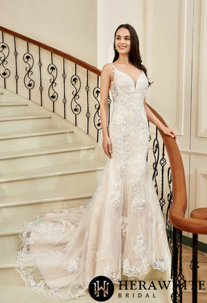 Pink Nude Fit And Flare With Beaded Straps Floral Lace Wedding Dress