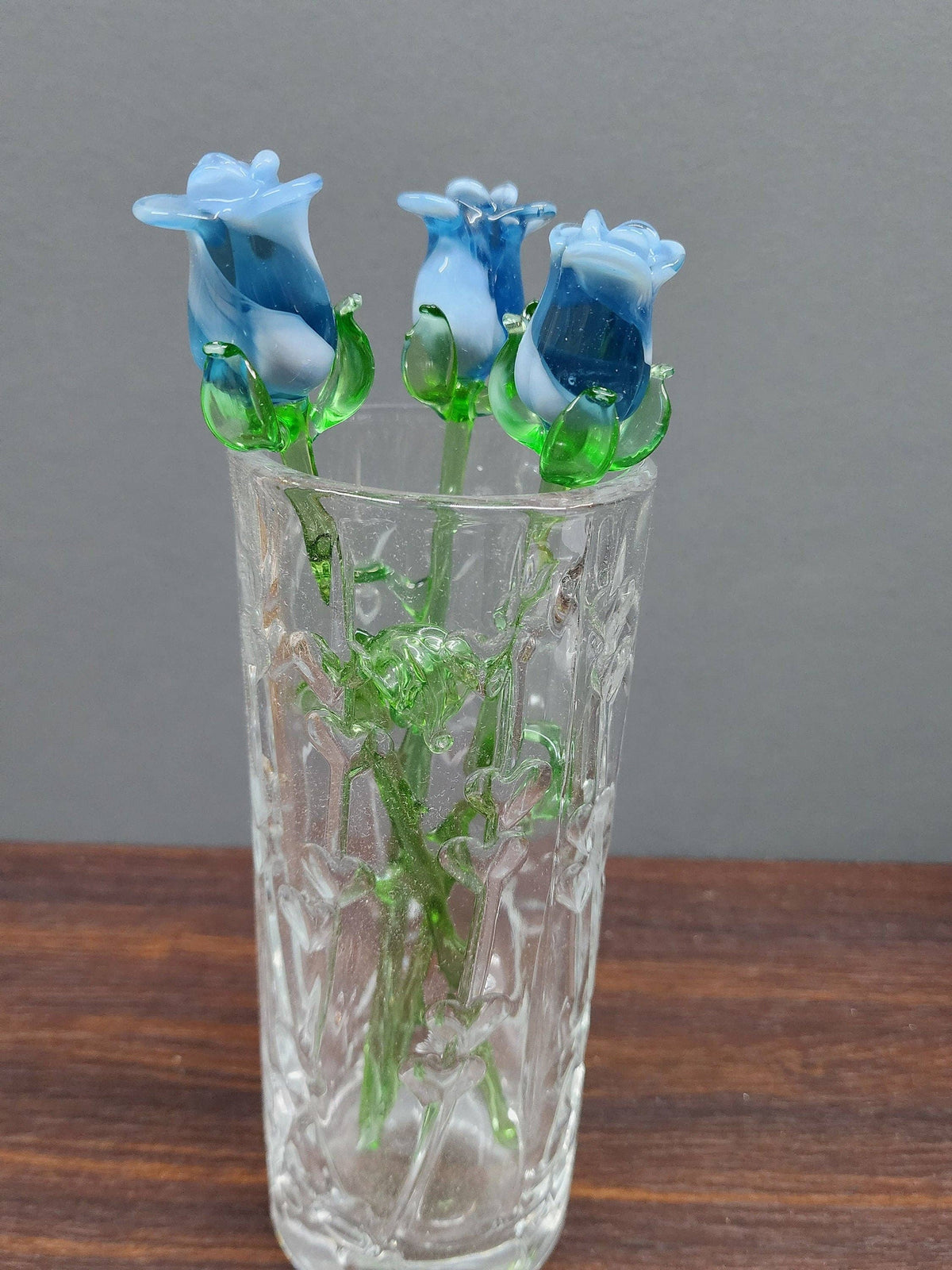 Medium Stem Light Blue Glass Rose - Blue and White Mixed