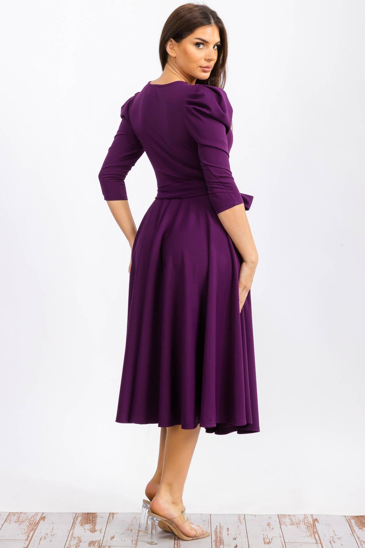 HH698R-LS-S- Puff 3/4 Sleeve Midi Cocktail Dress