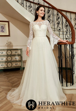 Illusion Neckline Lace Wedding Dress With Removeable Overskirt