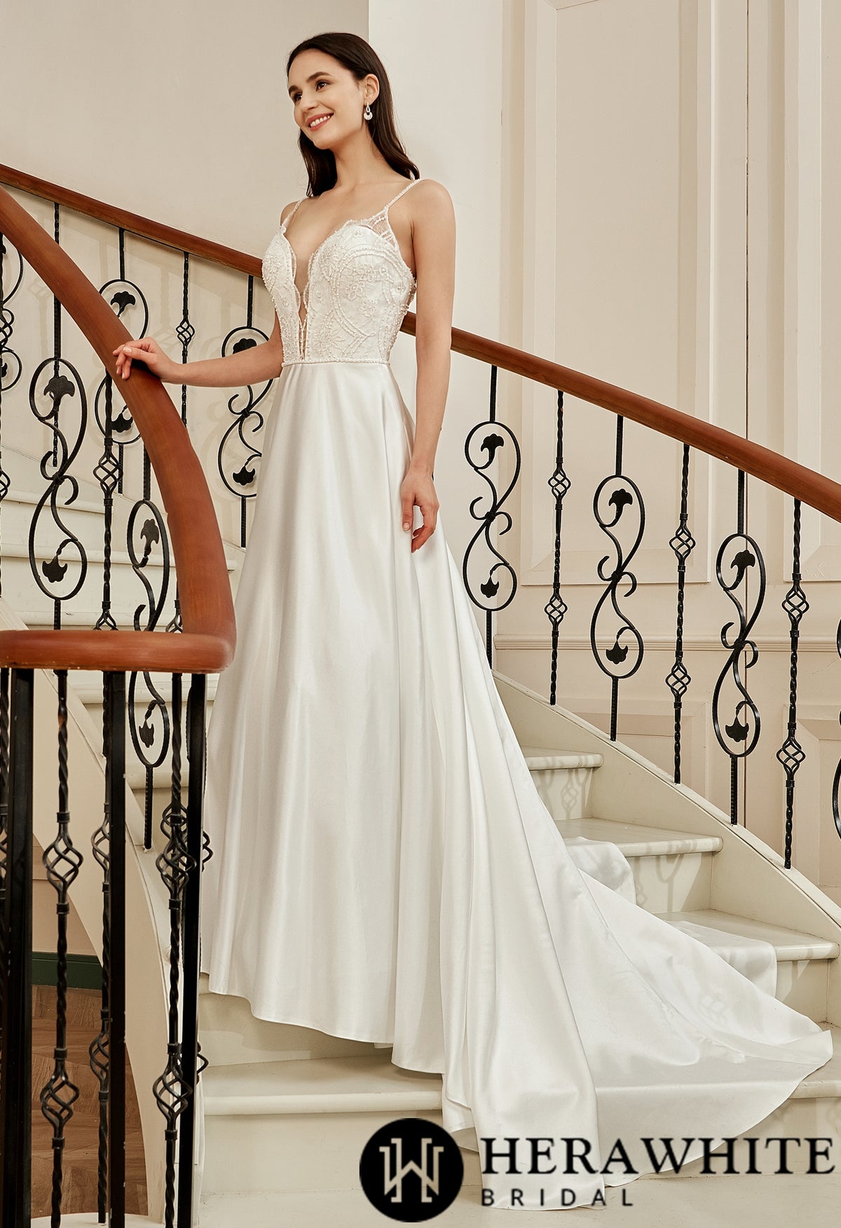 Beaded Deep V-neckline Satin A-Line Pockets Wedding Dress
