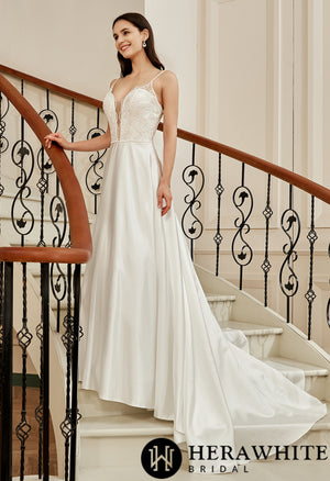 Beaded Deep V-neckline Satin A-Line Pockets Wedding Dress