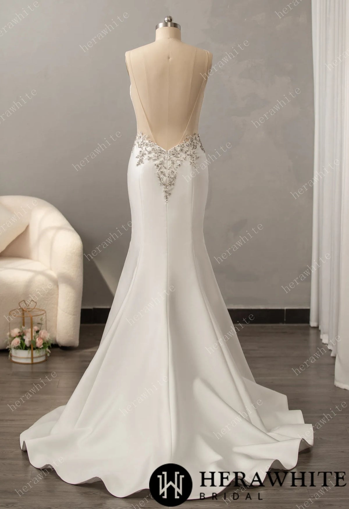 Deep V-neck Sleeveless with Open Back Wedding Dress