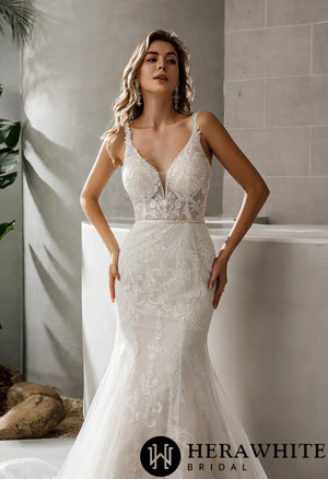 Geometric Lace Fit and Flare Bridal Gown With Sheer Train