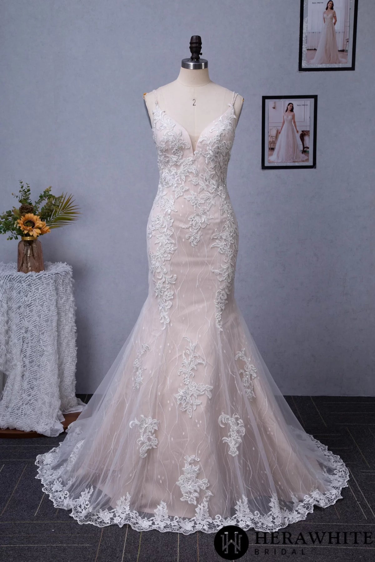 Pink Nude Fit And Flare With Beaded Straps Floral Lace Wedding Dress
