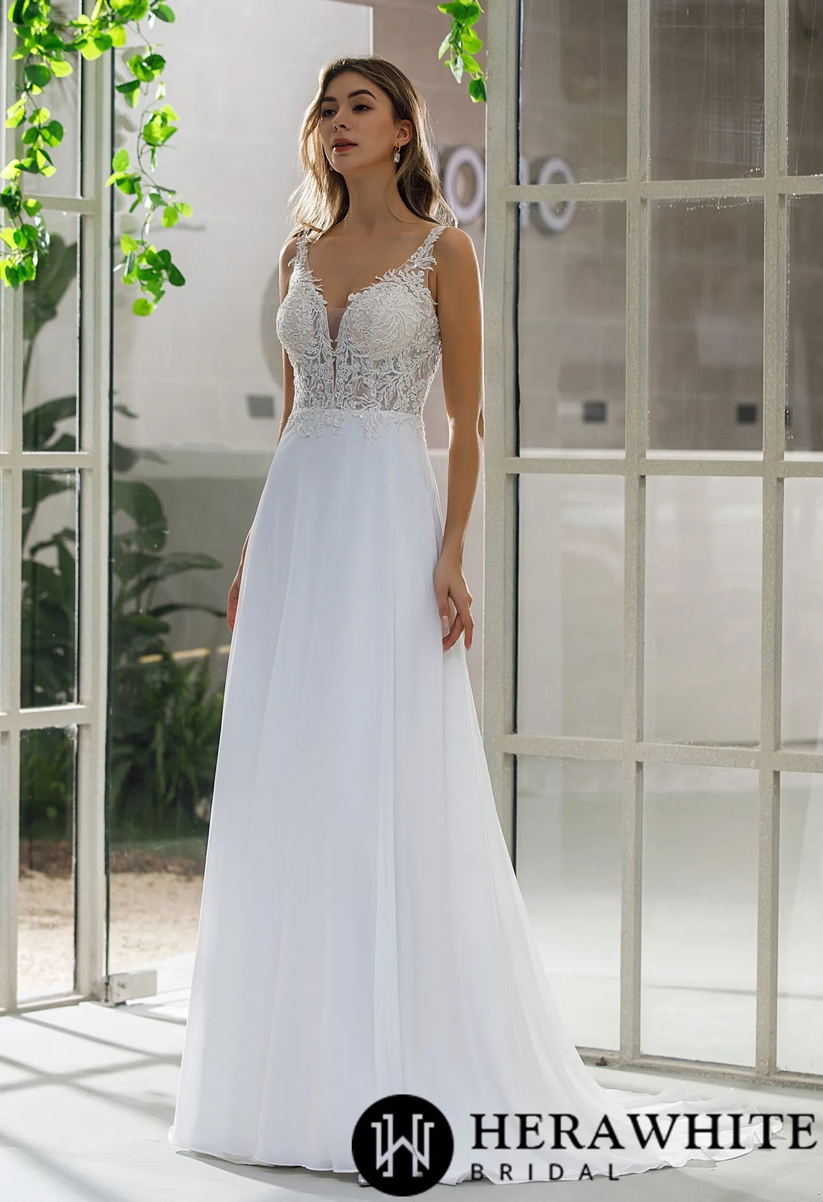 Simple Lace A-line Bridal Gown With Chiffon Skirt