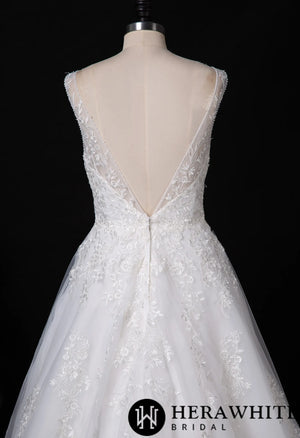 Floral Lace Beaded Wedding Dress With Low Back