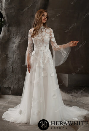 Illusion High Neck Bridal Gown with Lovely 3D Floral Lace