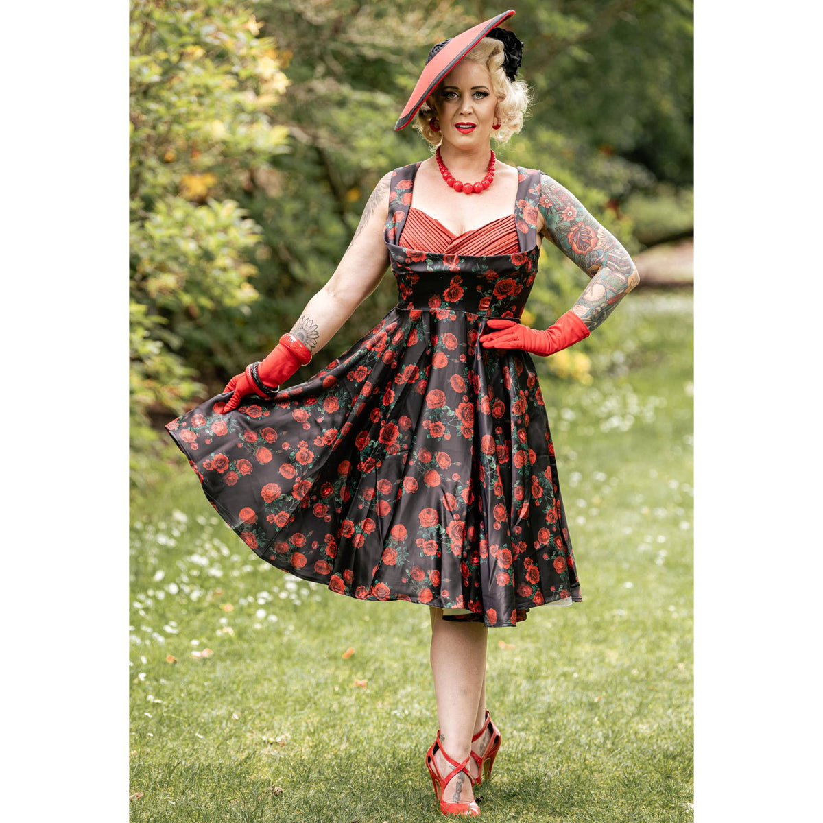 Grace Vintage Style Jive Dress In Black Red Rose