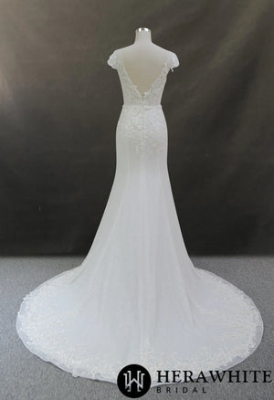 Glamour Lace Fit and Flare Wedding Dress With Cap Sleeve