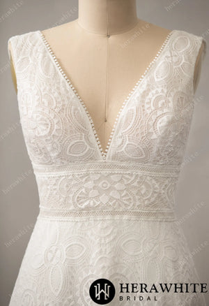 Boho Allover Lace A-Line Wedding Dress with V-Neckline