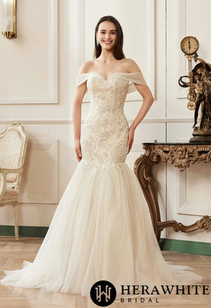 Off-the-Shoulder Mermaid Chapel Train Sequined Tulle Wedding Dress