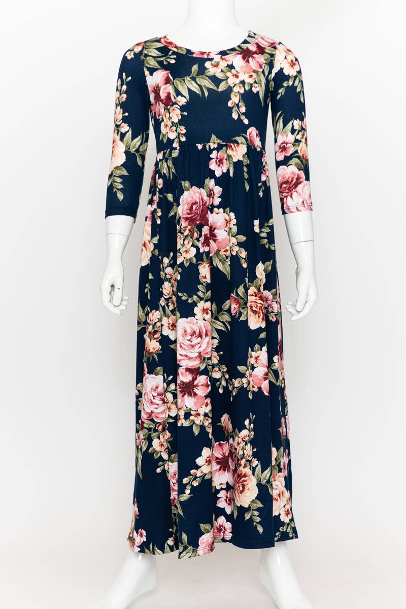 Girls Fit and Flare Floral Maxi Dress: FLORAL ORANGE / M