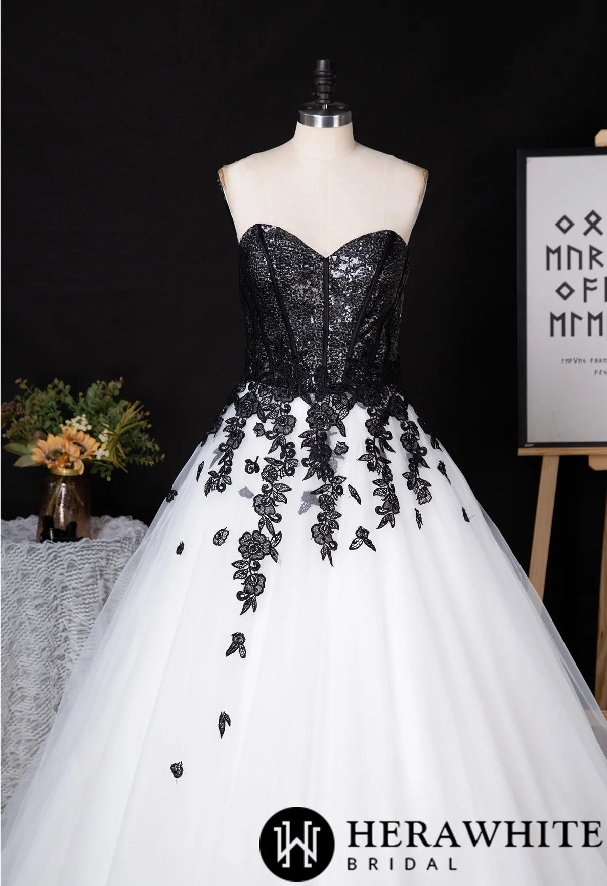 Sweetheart Sequin Ballgown With Black Floral Motifs