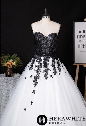 Sweetheart Sequin Ballgown With Black Floral Motifs