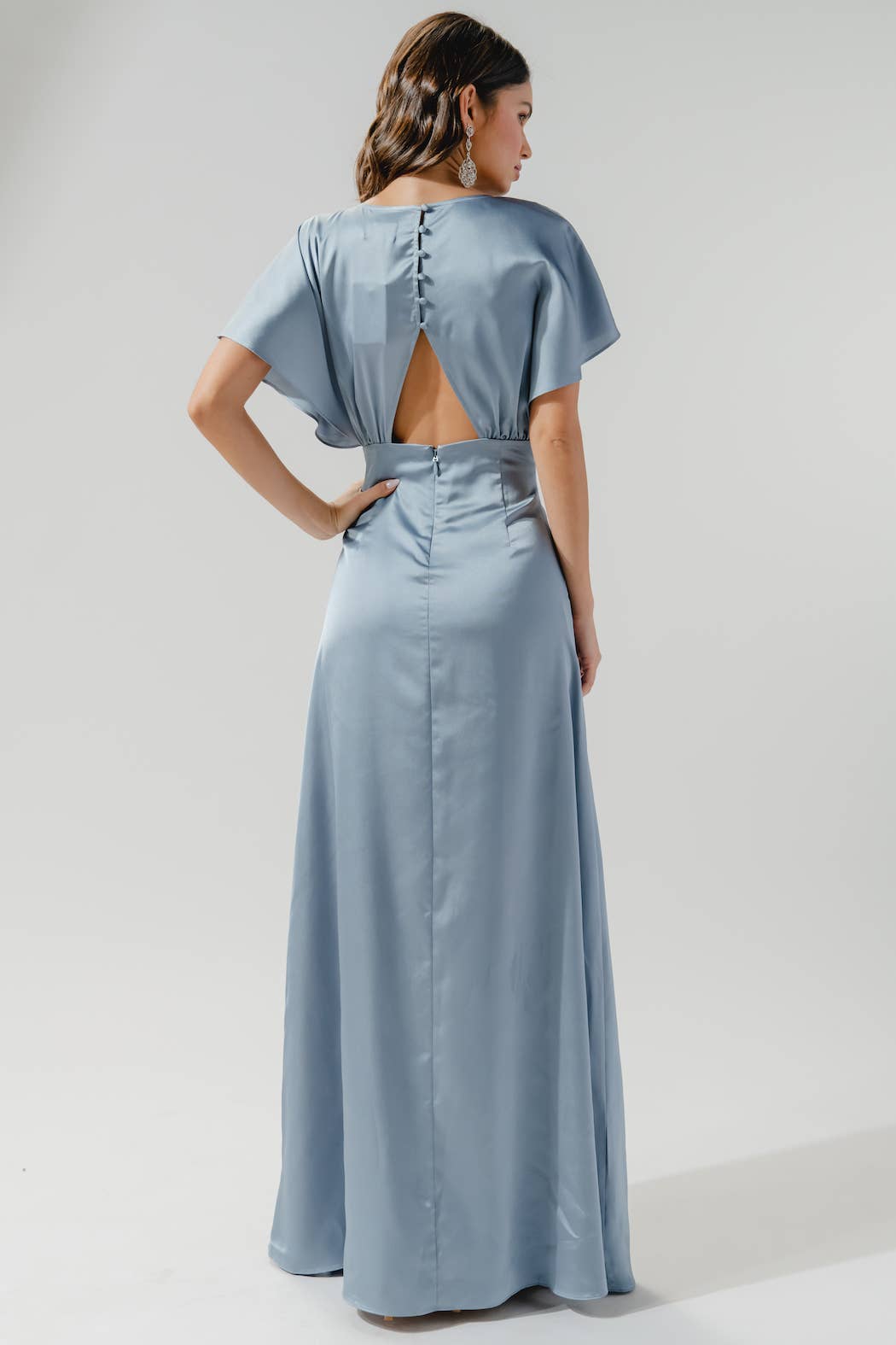 Darling Flutter Sleeve Cut Out Satin Maxi Dress: Black / XL