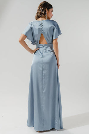 Darling Flutter Sleeve Cut Out Satin Maxi Dress: Black / XL