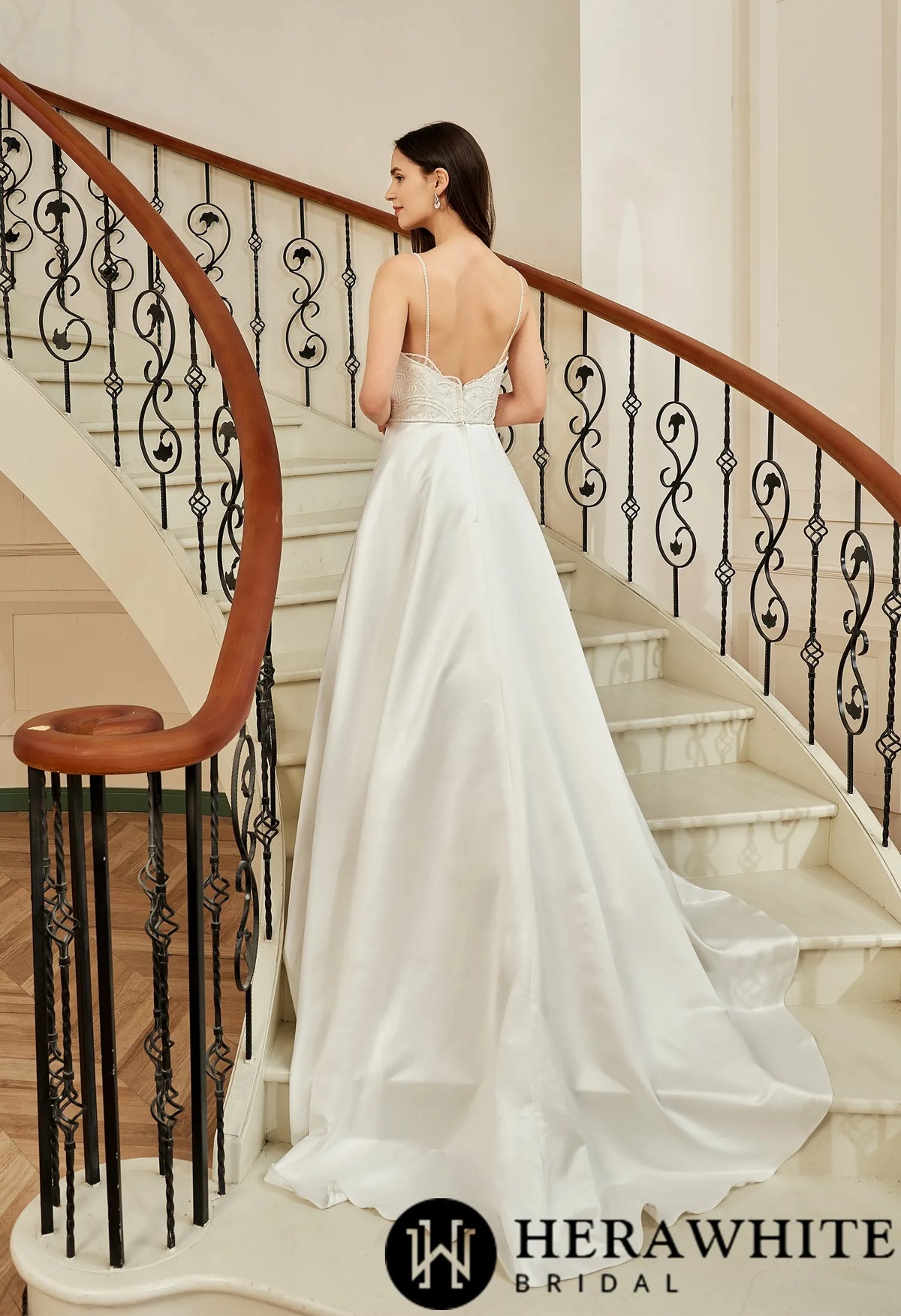 Beaded Deep V-neckline Satin A-Line Pockets Wedding Dress