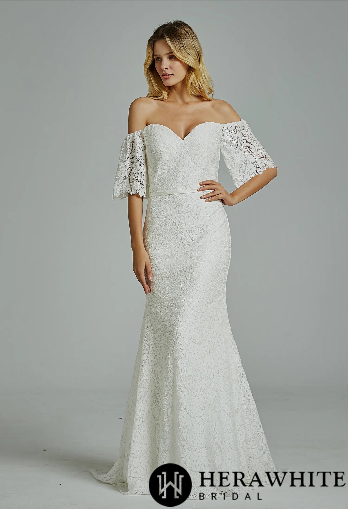 Floral Lace Off-the-shoulder  Sheath Wedding Dress