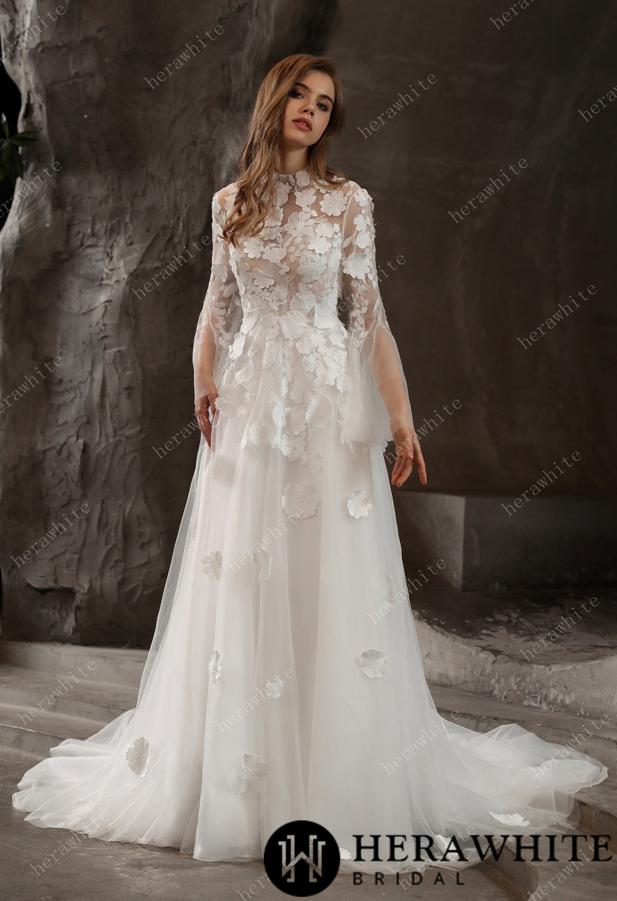 Illusion High Neck Bridal Gown with Lovely 3D Floral Lace