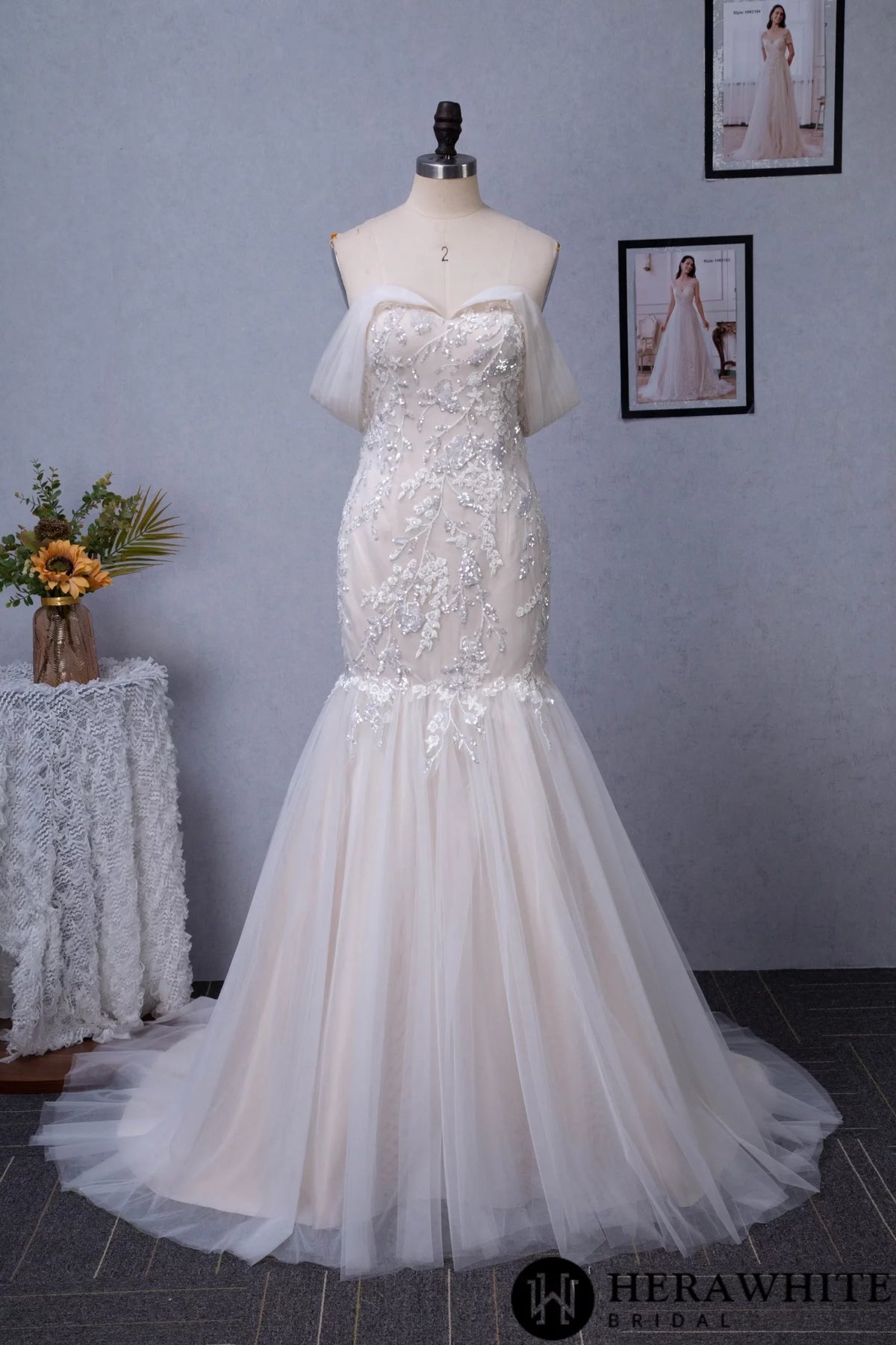 Off-the-Shoulder Mermaid Chapel Train Sequined Tulle Wedding Dress
