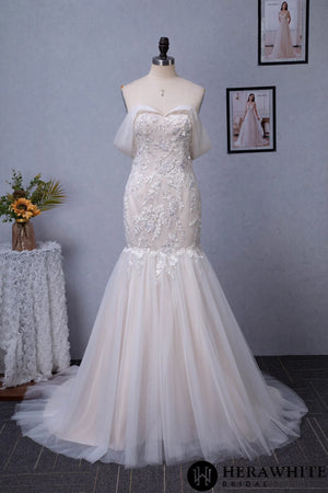Off-the-Shoulder Mermaid Chapel Train Sequined Tulle Wedding Dress