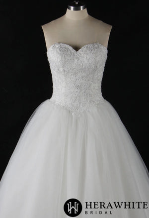 Strapless Beaded Lace Ball Gown With Corset Bodice