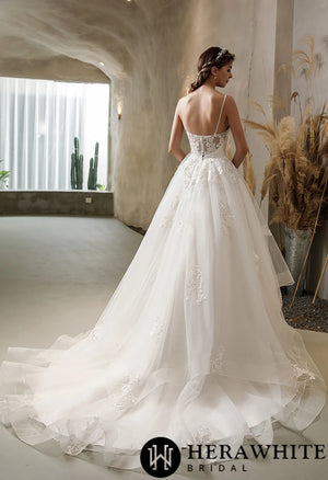 Ethereal Floral Lace Wedding Dress with Tiered Tulle Skirt