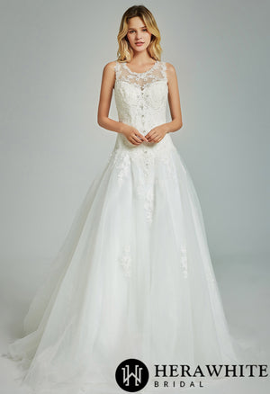 Elegant A-Line Sheer Back Bridal Gown With Appliques