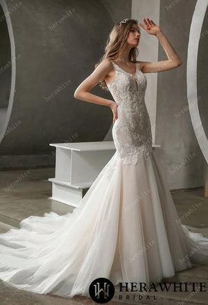 Plunging V-neck Mermaid Wedding Dress with Illusion Square Back