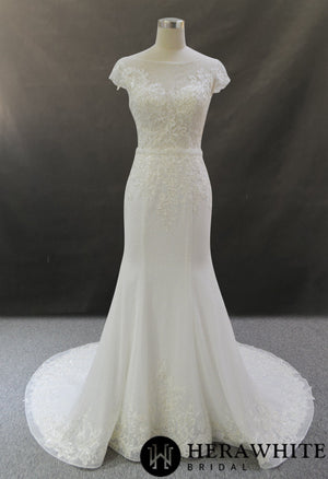 Glamour Lace Fit and Flare Wedding Dress With Cap Sleeve
