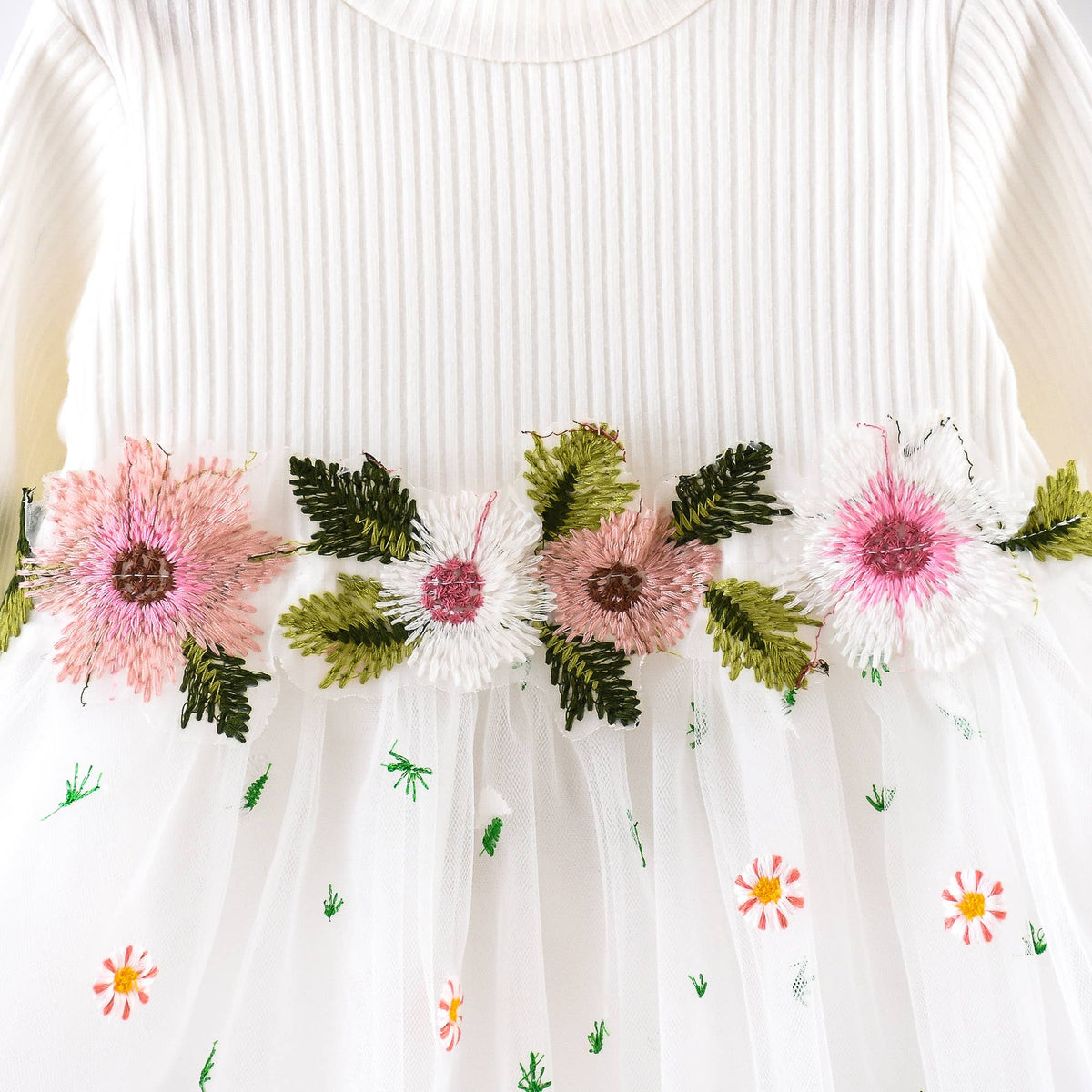 Baby Ribbed Long-sleeve Splicing Floral Embroider Dress