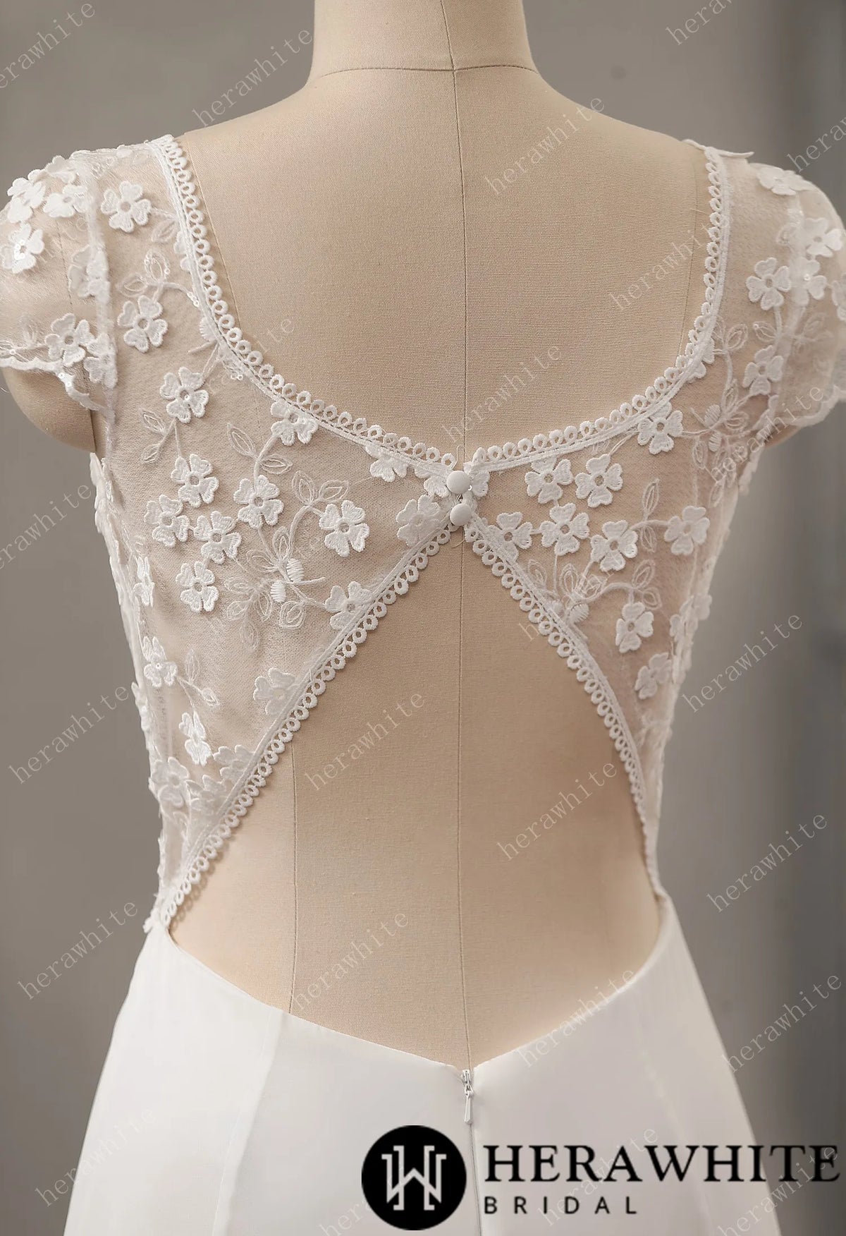 Illusion Floral Lace Wedding Dress with Chiffon Skirt
