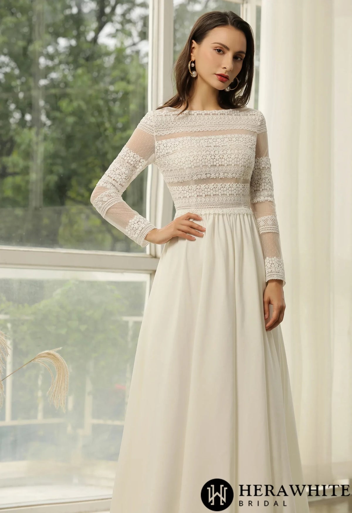 Long Sleeve Lace  A-line Boho Wedding Dress