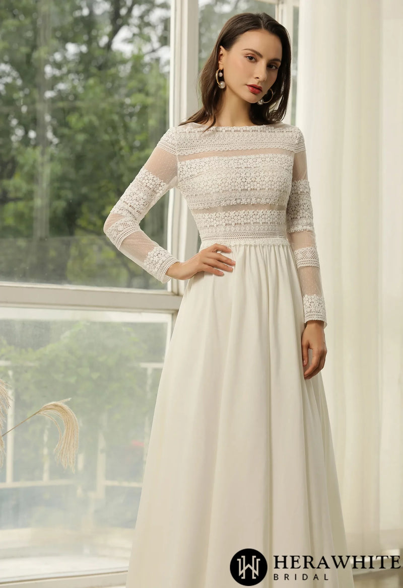 Long Sleeve Lace  A-line Boho Wedding Dress