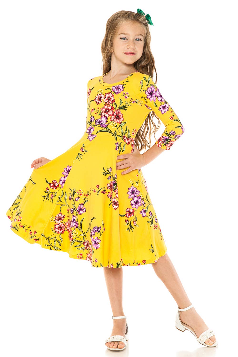 Girl's Princess Seam A-Line Dress with Full Skirt: MUSTARD FLORAL / XL (11/12Y)
