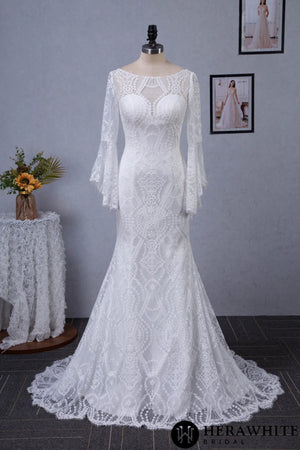 Illusion Neckline Lace Wedding Dress With Removeable Overskirt