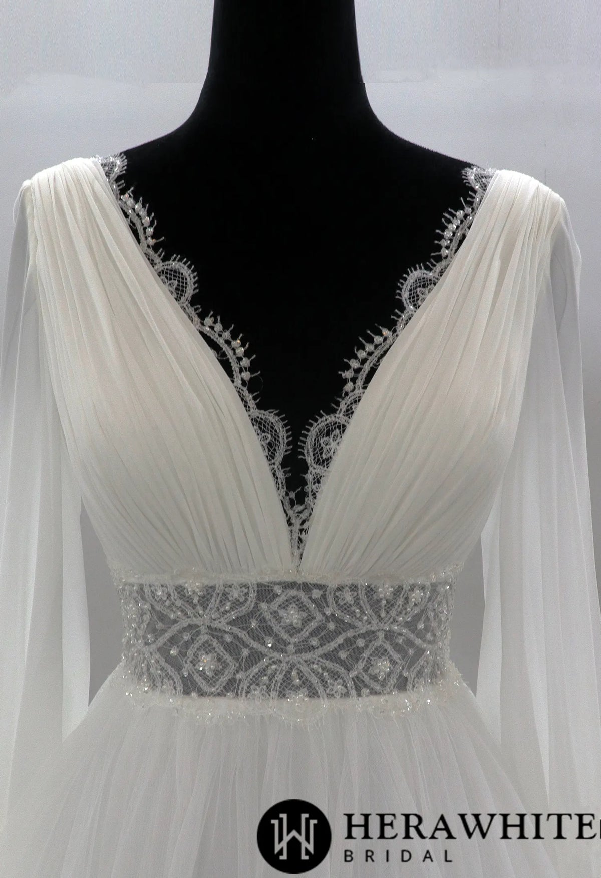 Plunging V-neck Long Sleeves Tulle Wedding Gown