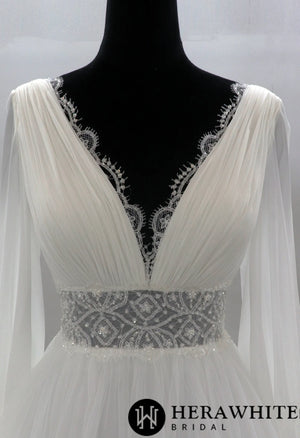 Plunging V-neck Long Sleeves Tulle Wedding Gown