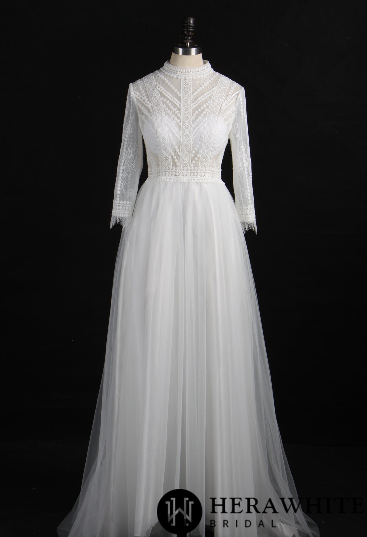 Flowy Long Sleeve High Neck A-Line Wedding Dress
