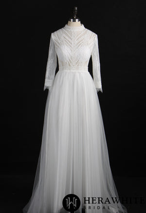 Flowy Long Sleeve High Neck A-Line Wedding Dress