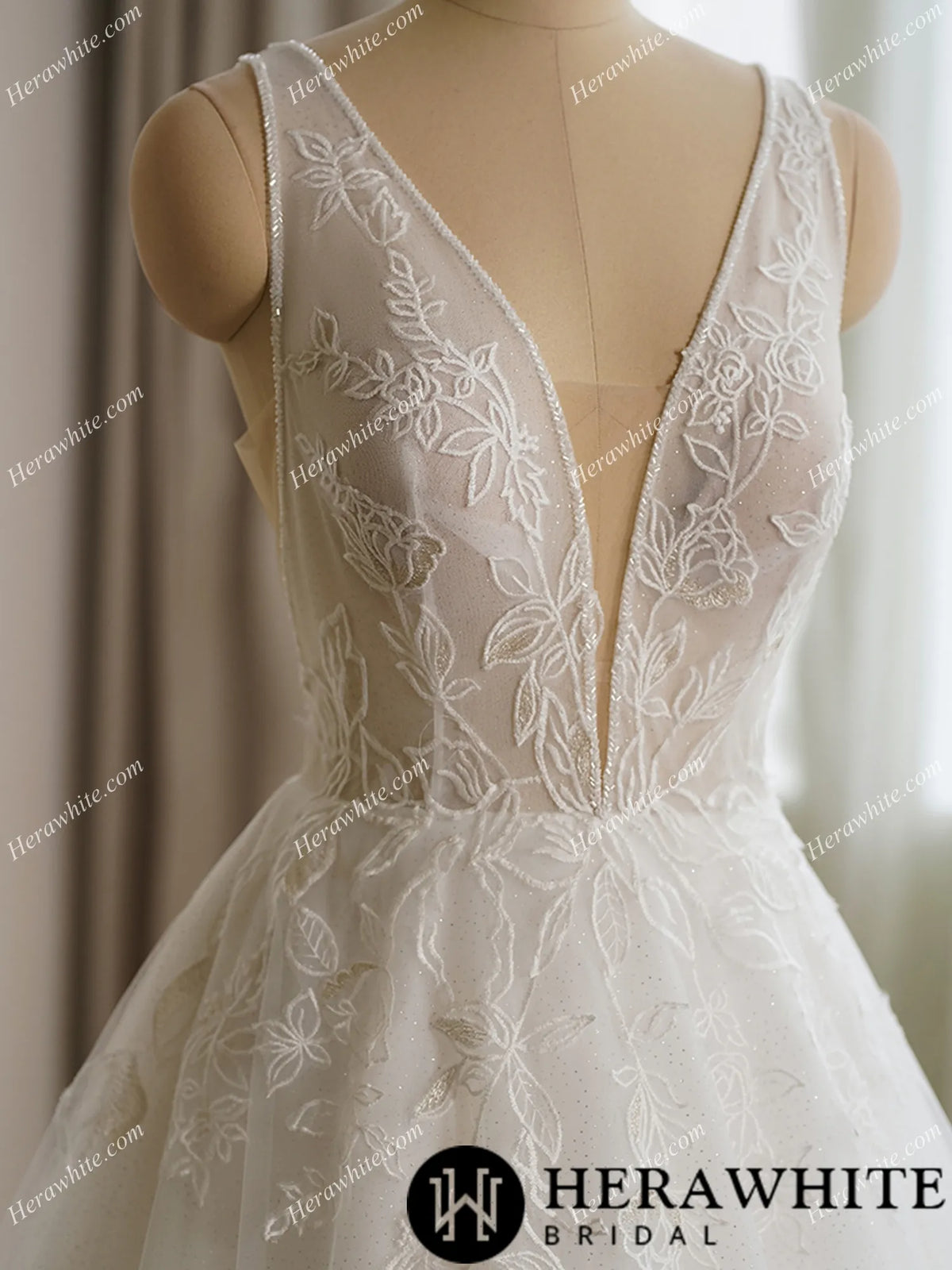 Plunging V Neckline Lace Ball Gown Bridal Dress