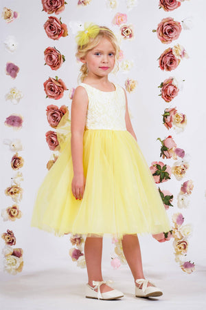 Lace Illusion Girls Dress With/Without 3 Mesh Flowers: Yes / Yellow / 8