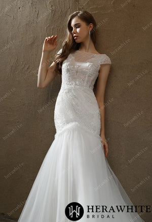 Illusion Bateau Neckline Beaded Mermaid Wedding Dress