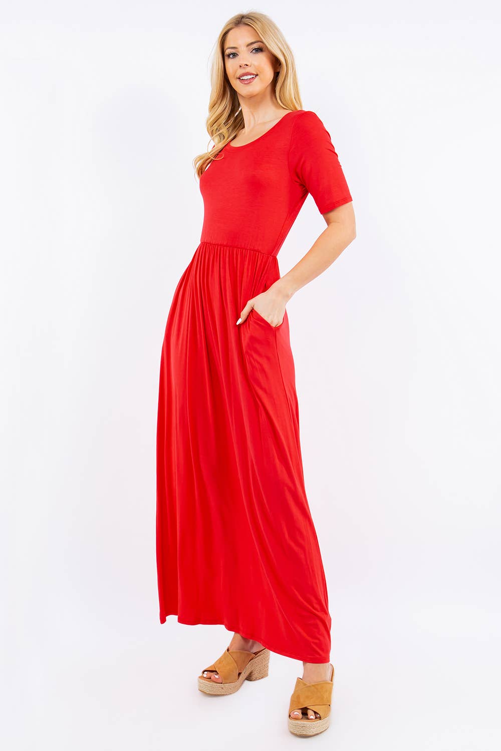 MODEST SHORT SLEEVE MAXI DRESS WITH POCKETS -CD23411T