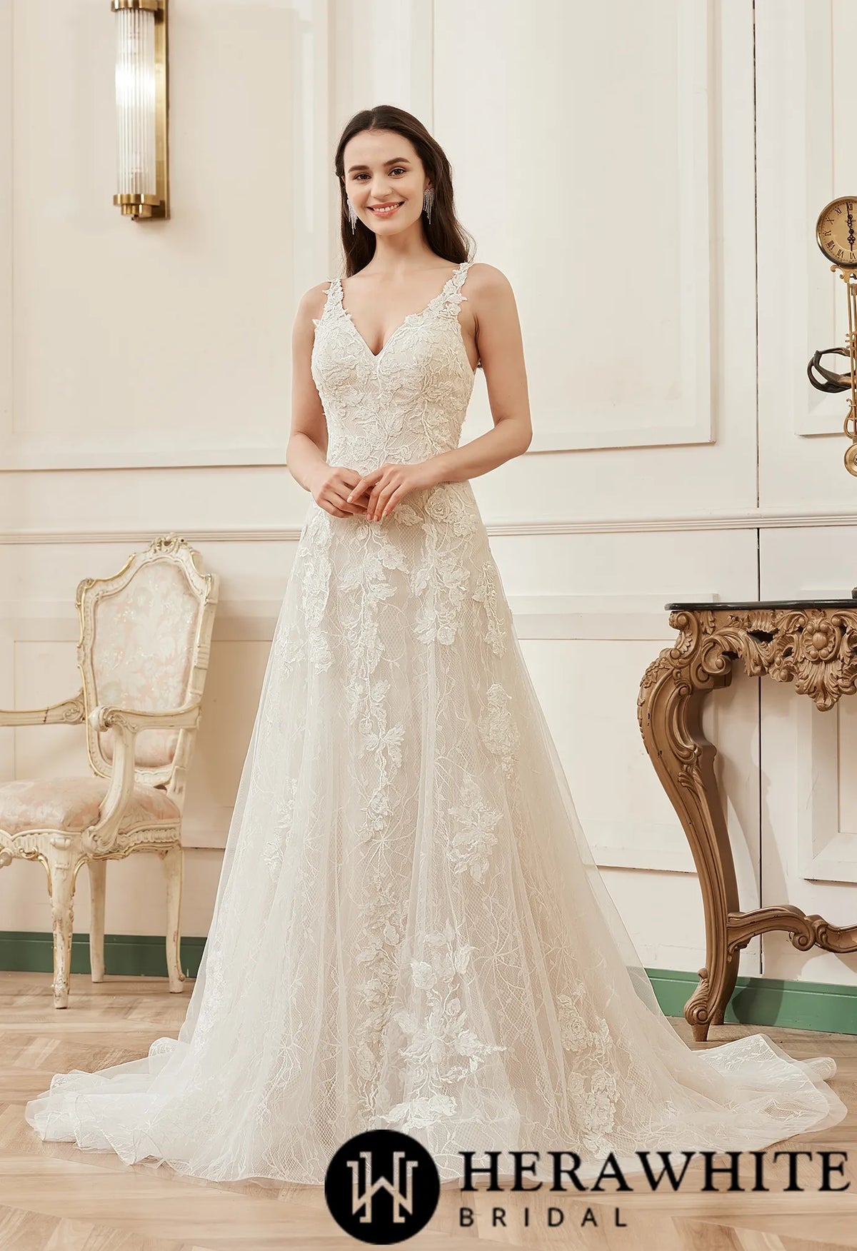 Romantic A-Line V-neck Floral Applique Court Train Bridal Gown