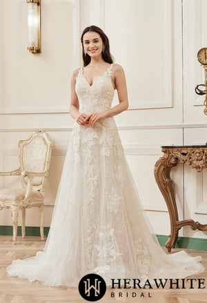 Romantic A-Line V-neck Floral Applique Court Train Bridal Gown