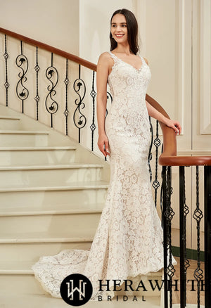 Fit and Flare V-neck Chapel Train Allover Lace Wedding Dress