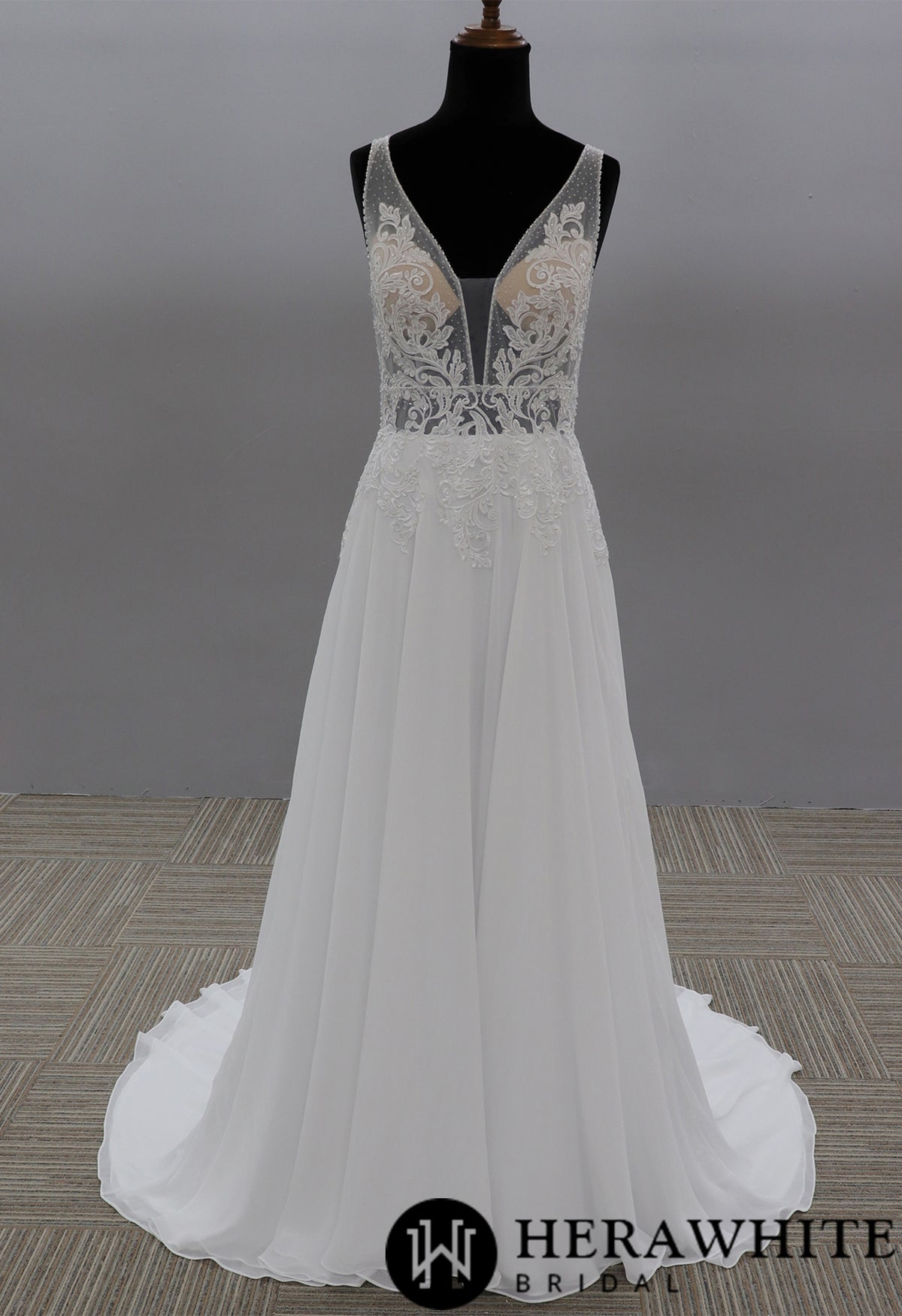 Modern A-line Wedding Dress with Floral Lace Bodice