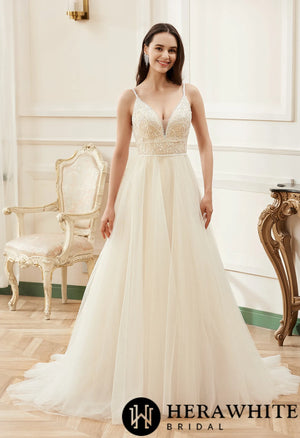 Champagne Romantic Spaghetti Straps  A-Line Wedding Dress